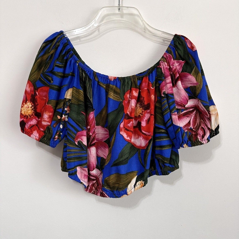Cupcakes and Cashmere Linen Blend Floral Puff Sleeve Crop Top Blue M NEW